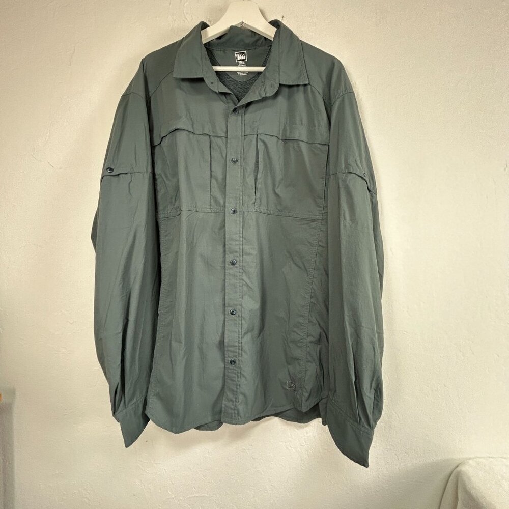 REI Mens Sahara Tech Outdoor Long Sleeve Button Up Shirt XXL Green Lightweight